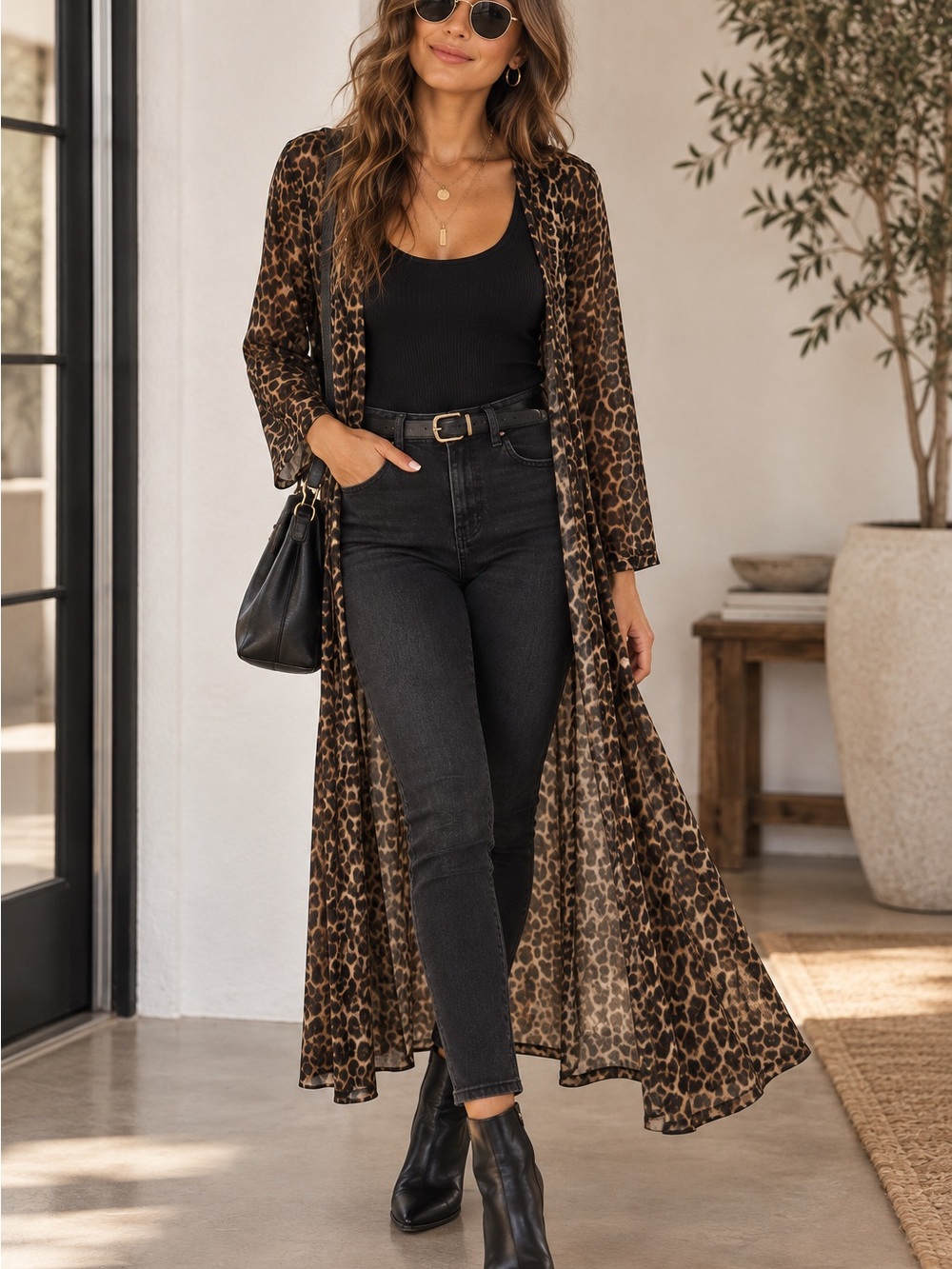 Leopard Print Long Duster Cardigan - Brown